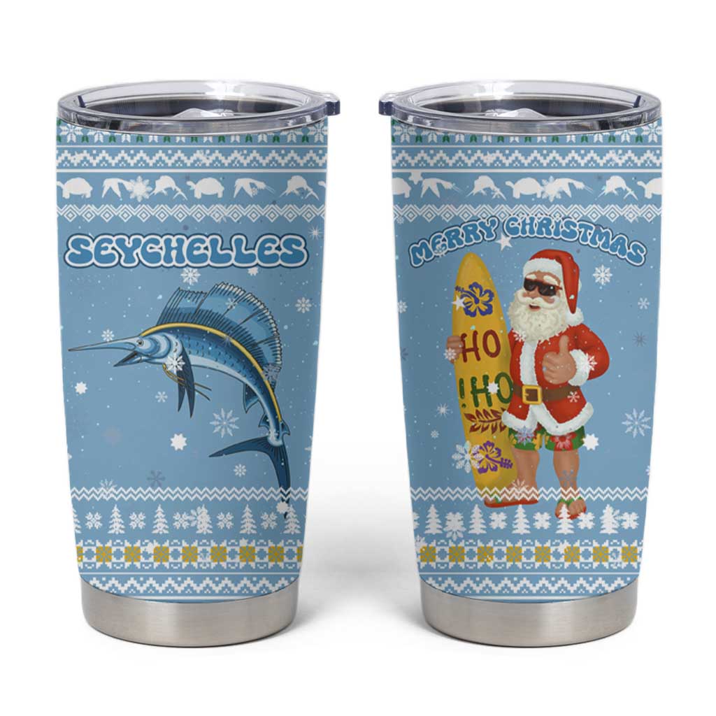 Seychelles Christmas Tumbler Cup with Ocean Blue Pattern, Marlin Fish Artwork, and Surfing Santa Motif - Wonder Print Shop