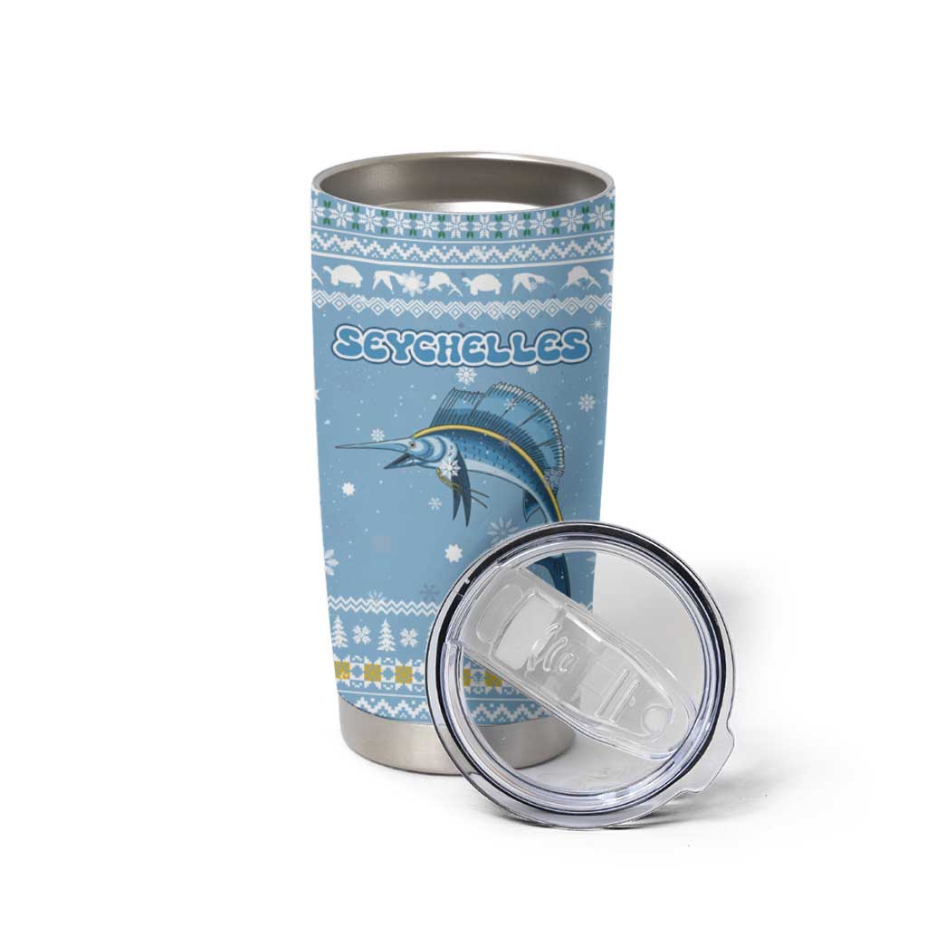 Seychelles Christmas Tumbler Cup with Ocean Blue Pattern, Marlin Fish Artwork, and Surfing Santa Motif - Wonder Print Shop