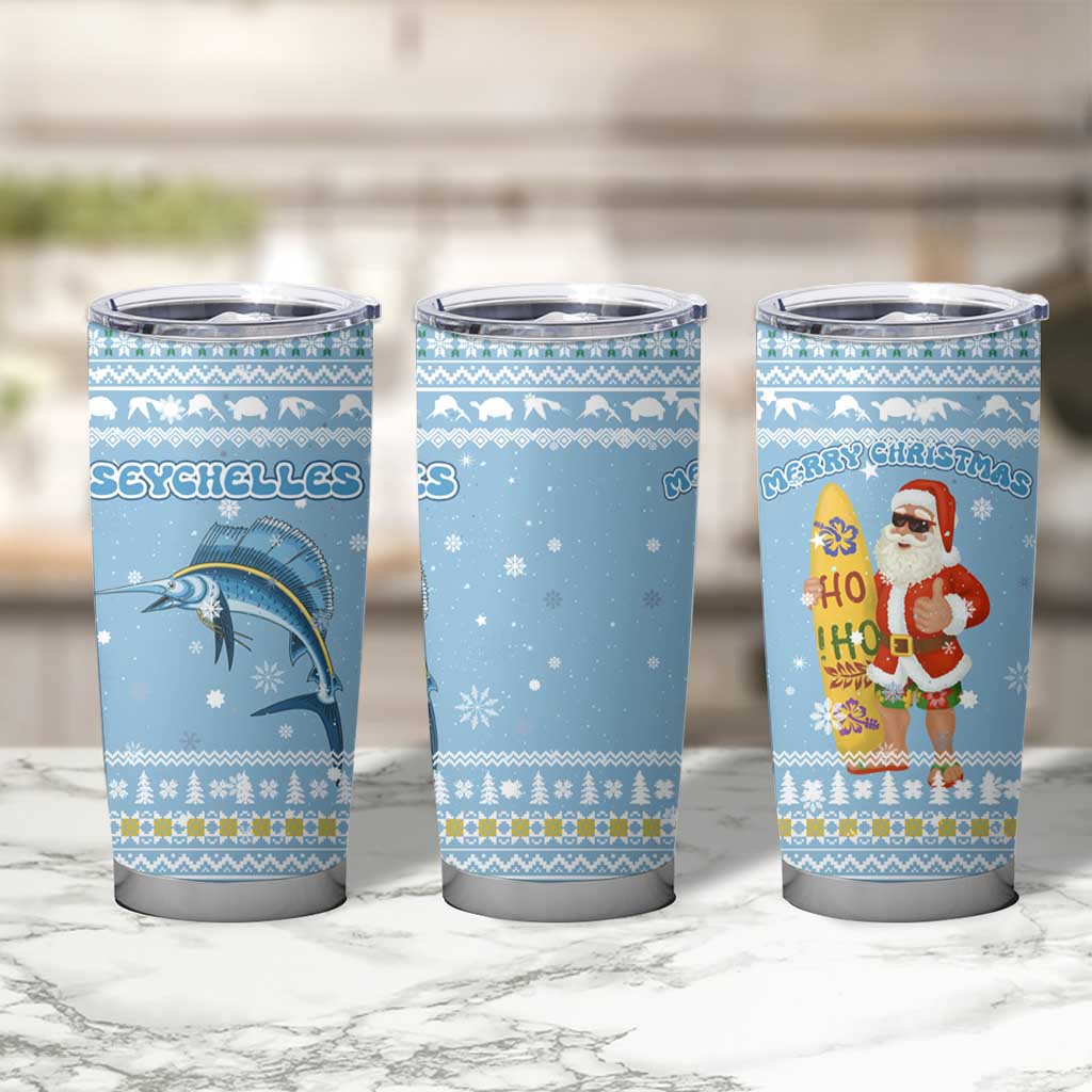 Seychelles Christmas Tumbler Cup with Ocean Blue Pattern, Marlin Fish Artwork, and Surfing Santa Motif - Wonder Print Shop