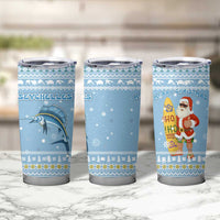 Seychelles Christmas Tumbler Cup with Ocean Blue Pattern, Marlin Fish Artwork, and Surfing Santa Motif - Wonder Print Shop