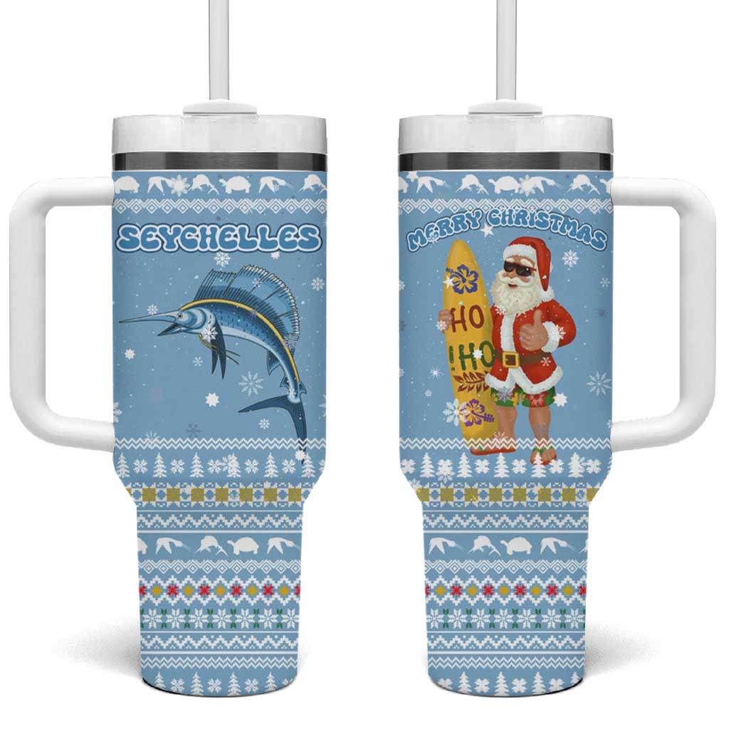 Seychelles Christmas Tumbler With Handle with Ocean Blue Pattern, Marlin Fish Artwork, and Surfing Santa Motif - Wonder Print Shop