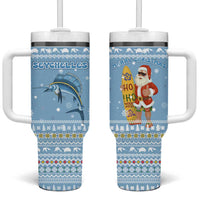 Seychelles Christmas Tumbler With Handle with Ocean Blue Pattern, Marlin Fish Artwork, and Surfing Santa Motif - Wonder Print Shop