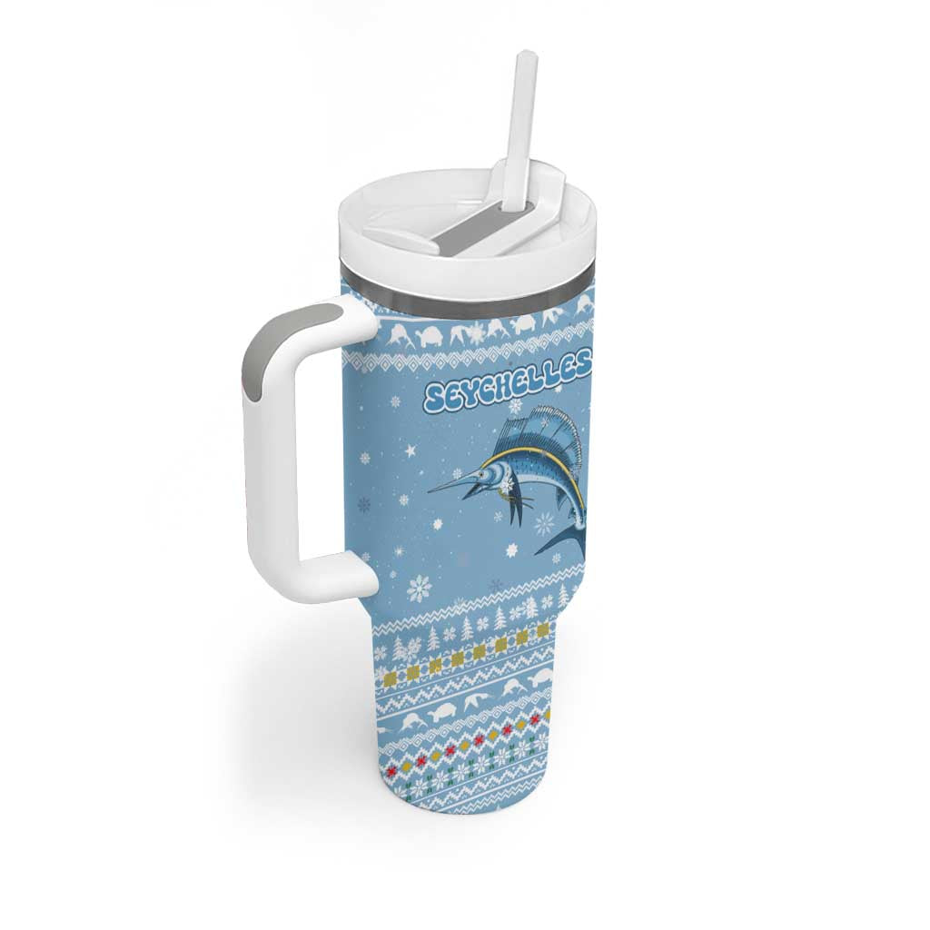 Seychelles Christmas Tumbler With Handle with Ocean Blue Pattern, Marlin Fish Artwork, and Surfing Santa Motif - Wonder Print Shop