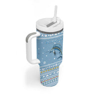 Seychelles Christmas Tumbler With Handle with Ocean Blue Pattern, Marlin Fish Artwork, and Surfing Santa Motif - Wonder Print Shop