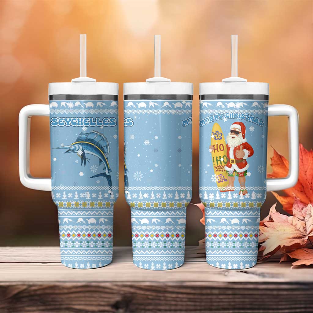 Seychelles Christmas Tumbler With Handle with Ocean Blue Pattern, Marlin Fish Artwork, and Surfing Santa Motif - Wonder Print Shop