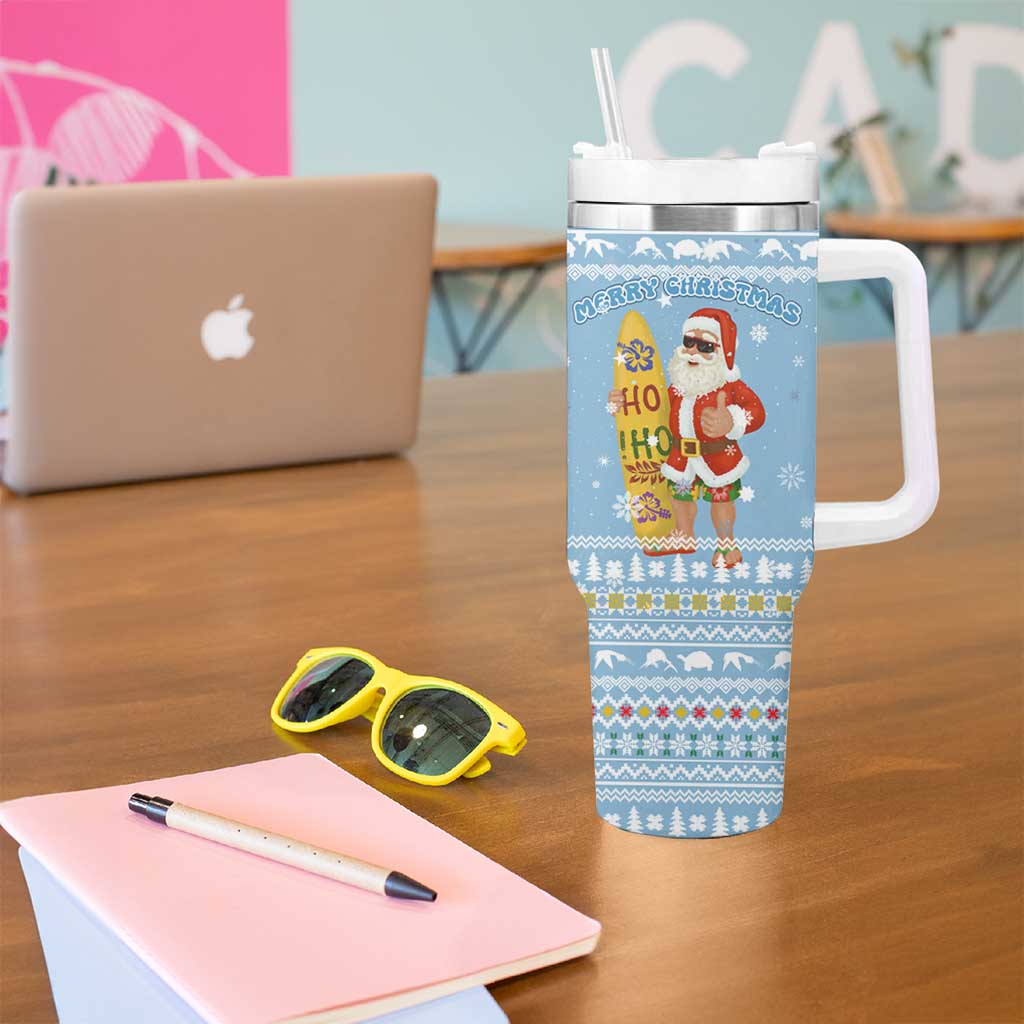 Seychelles Christmas Tumbler With Handle with Ocean Blue Pattern, Marlin Fish Artwork, and Surfing Santa Motif - Wonder Print Shop