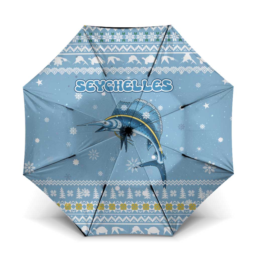Seychelles Christmas Umbrella with Ocean Blue Pattern, Marlin Fish Artwork, and Surfing Santa Motif - Wonder Print Shop