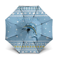 Seychelles Christmas Umbrella with Ocean Blue Pattern, Marlin Fish Artwork, and Surfing Santa Motif - Wonder Print Shop