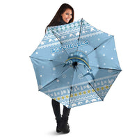 Seychelles Christmas Umbrella with Ocean Blue Pattern, Marlin Fish Artwork, and Surfing Santa Motif - Wonder Print Shop