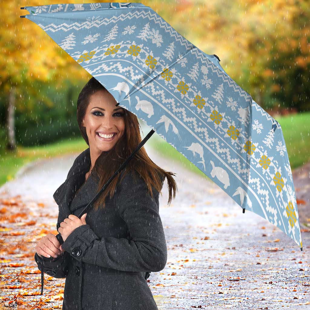 Seychelles Christmas Umbrella with Ocean Blue Pattern, Marlin Fish Artwork, and Surfing Santa Motif - Wonder Print Shop