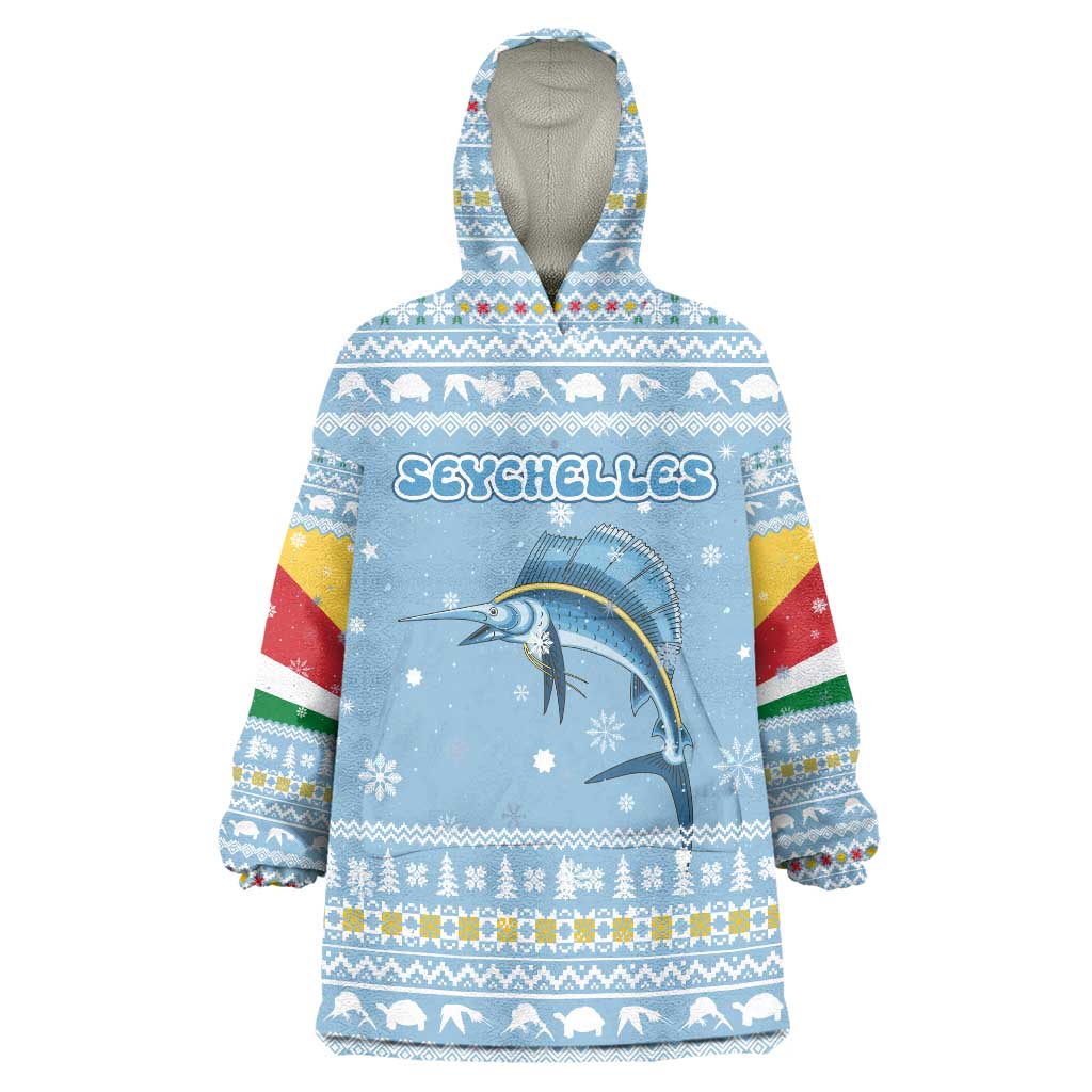 Seychelles Christmas Wearable Blanket Hoodie with Ocean Blue Pattern, Marlin Fish Artwork, and Surfing Santa Motif - Wonder Print Shop