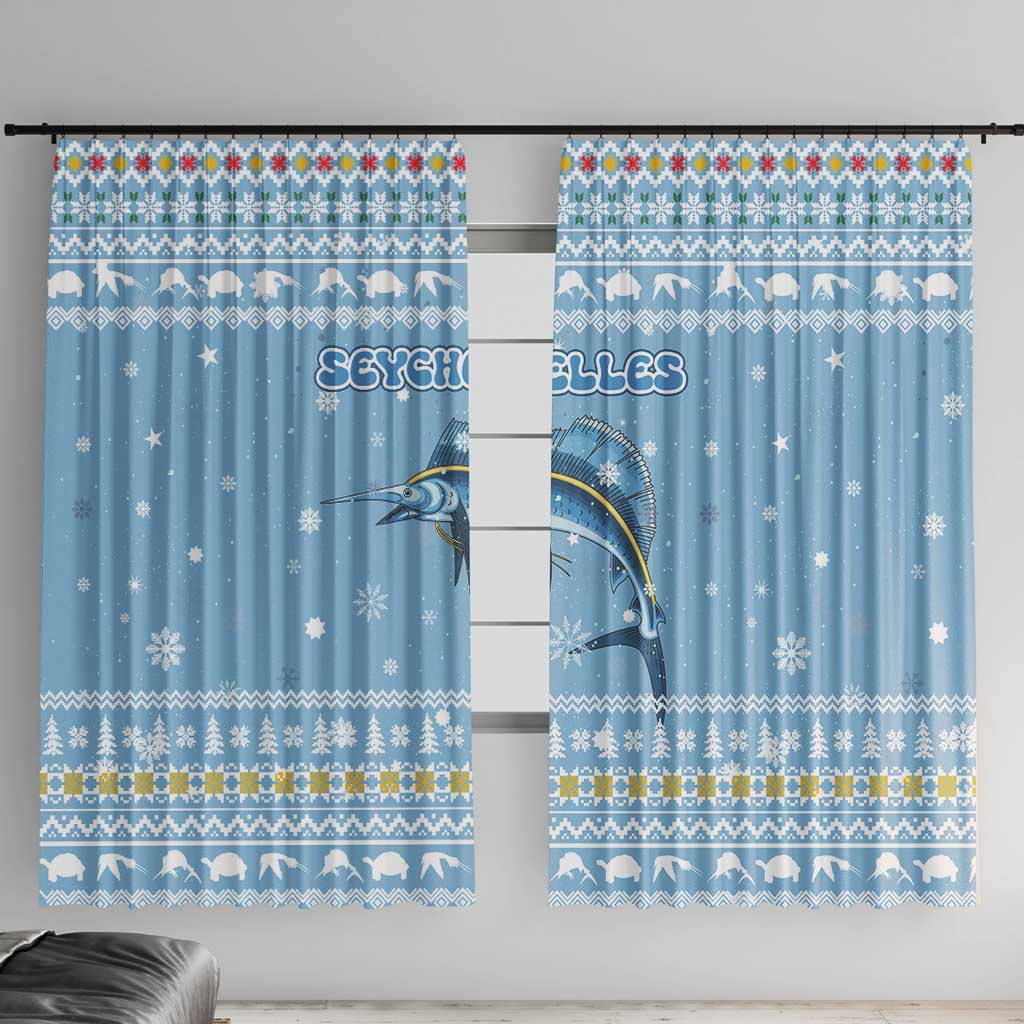 Seychelles Christmas Window Curtain with Ocean Blue Pattern, Marlin Fish Artwork, and Surfing Santa Motif - Wonder Print Shop
