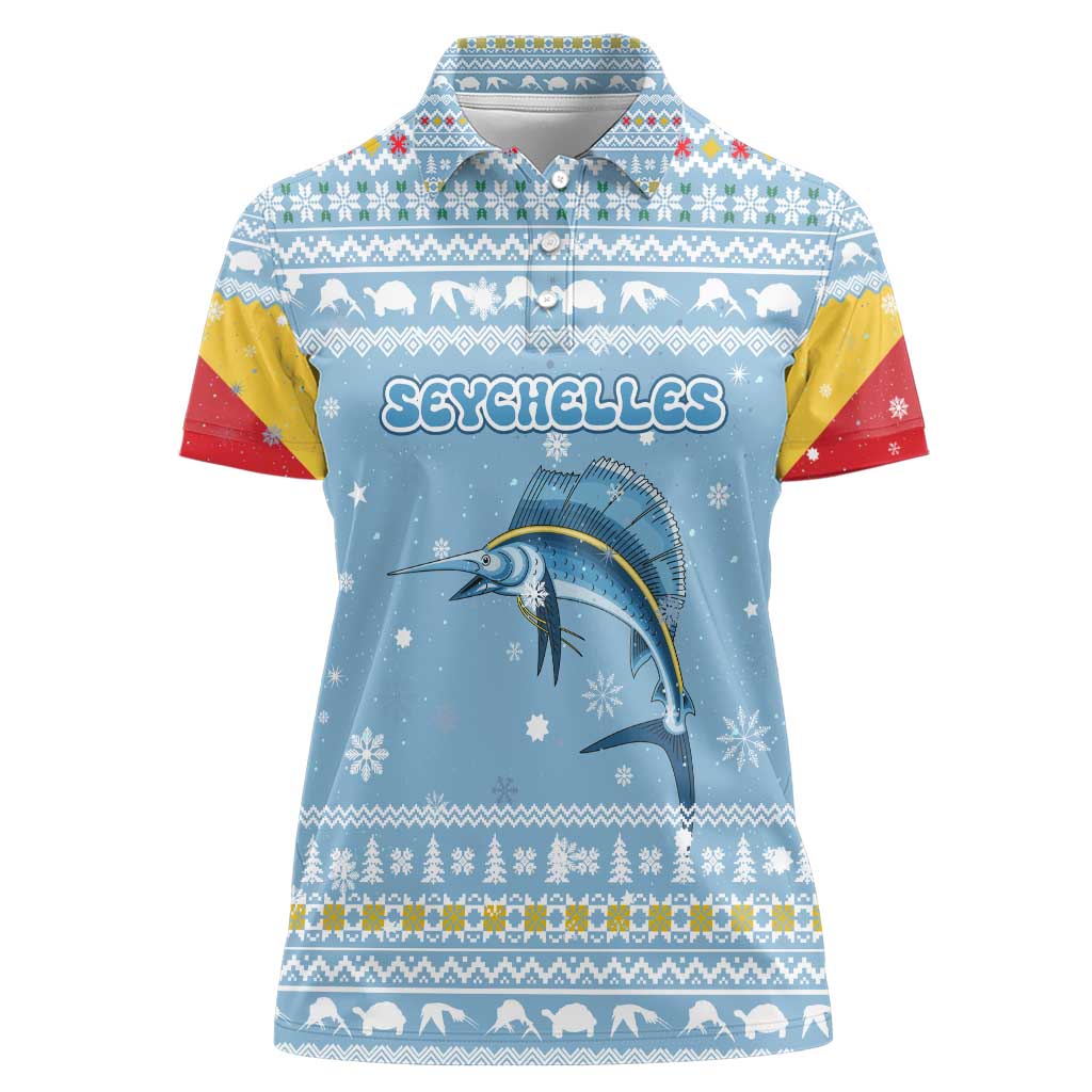 Seychelles Christmas Women Polo Shirt with Ocean Blue Pattern, Marlin Fish Artwork, and Surfing Santa Motif - Wonder Print Shop