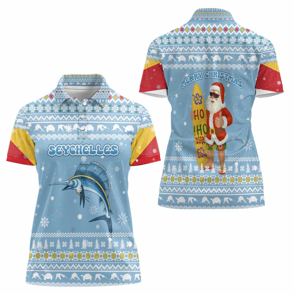 Seychelles Christmas Women Polo Shirt with Ocean Blue Pattern, Marlin Fish Artwork, and Surfing Santa Motif - Wonder Print Shop