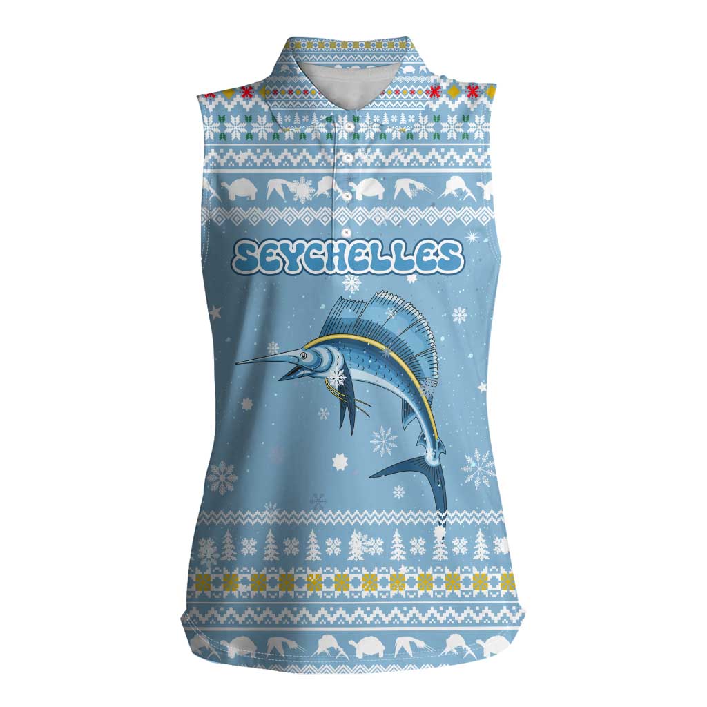 Seychelles Christmas Women Sleeveless Polo Shirt with Ocean Blue Pattern, Marlin Fish Artwork, and Surfing Santa Motif - Wonder Print Shop
