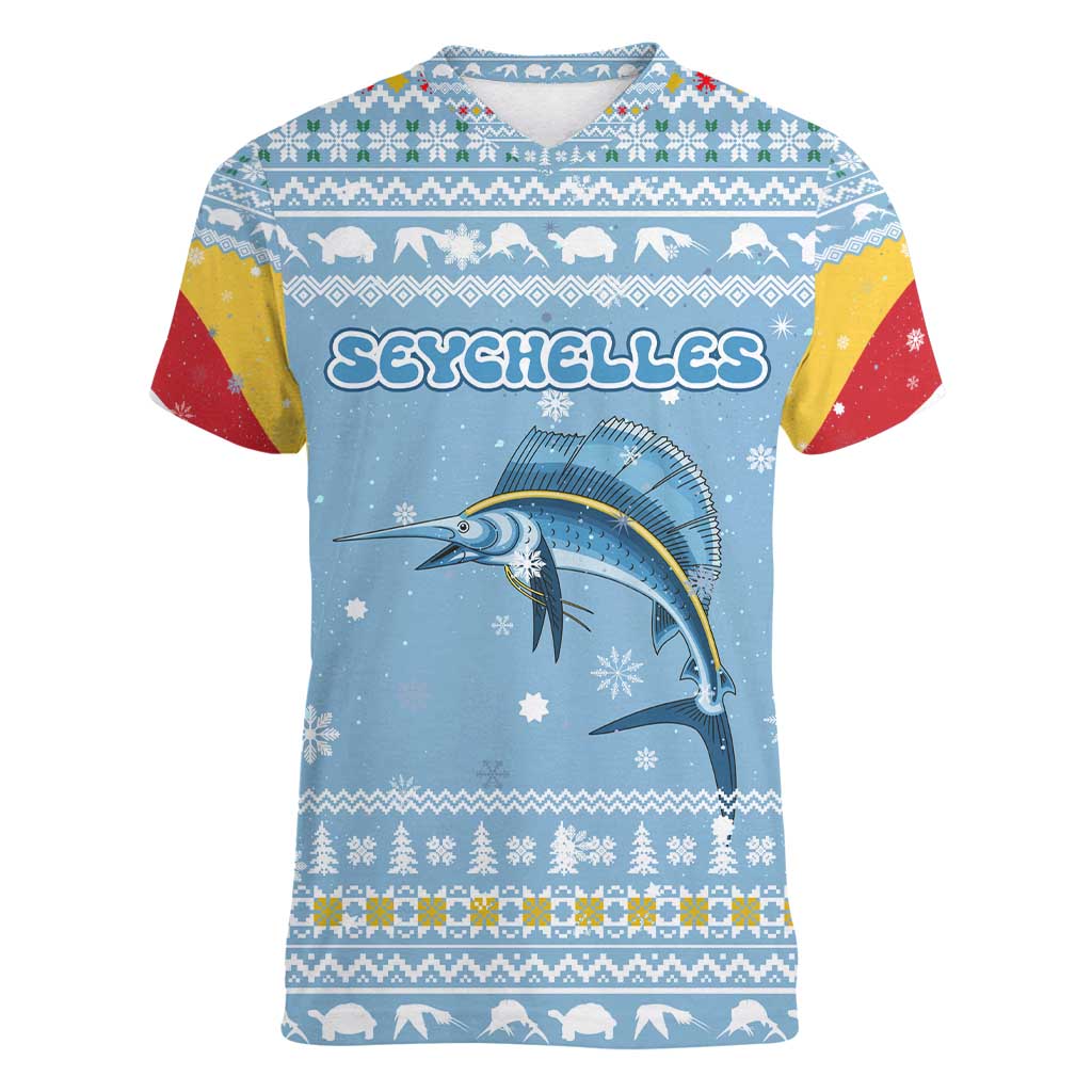 Seychelles Christmas Women V-Neck T-Shirt with Ocean Blue Pattern, Marlin Fish Artwork, and Surfing Santa Motif - Wonder Print Shop