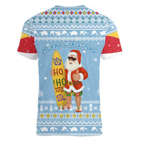 Seychelles Christmas Women V-Neck T-Shirt with Ocean Blue Pattern, Marlin Fish Artwork, and Surfing Santa Motif - Wonder Print Shop