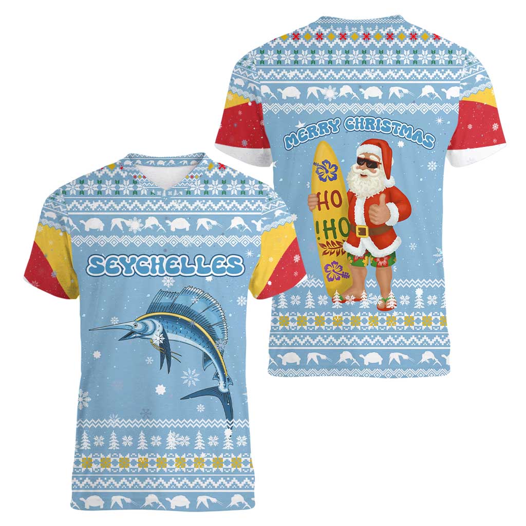 Seychelles Christmas Women V-Neck T-Shirt with Ocean Blue Pattern, Marlin Fish Artwork, and Surfing Santa Motif - Wonder Print Shop