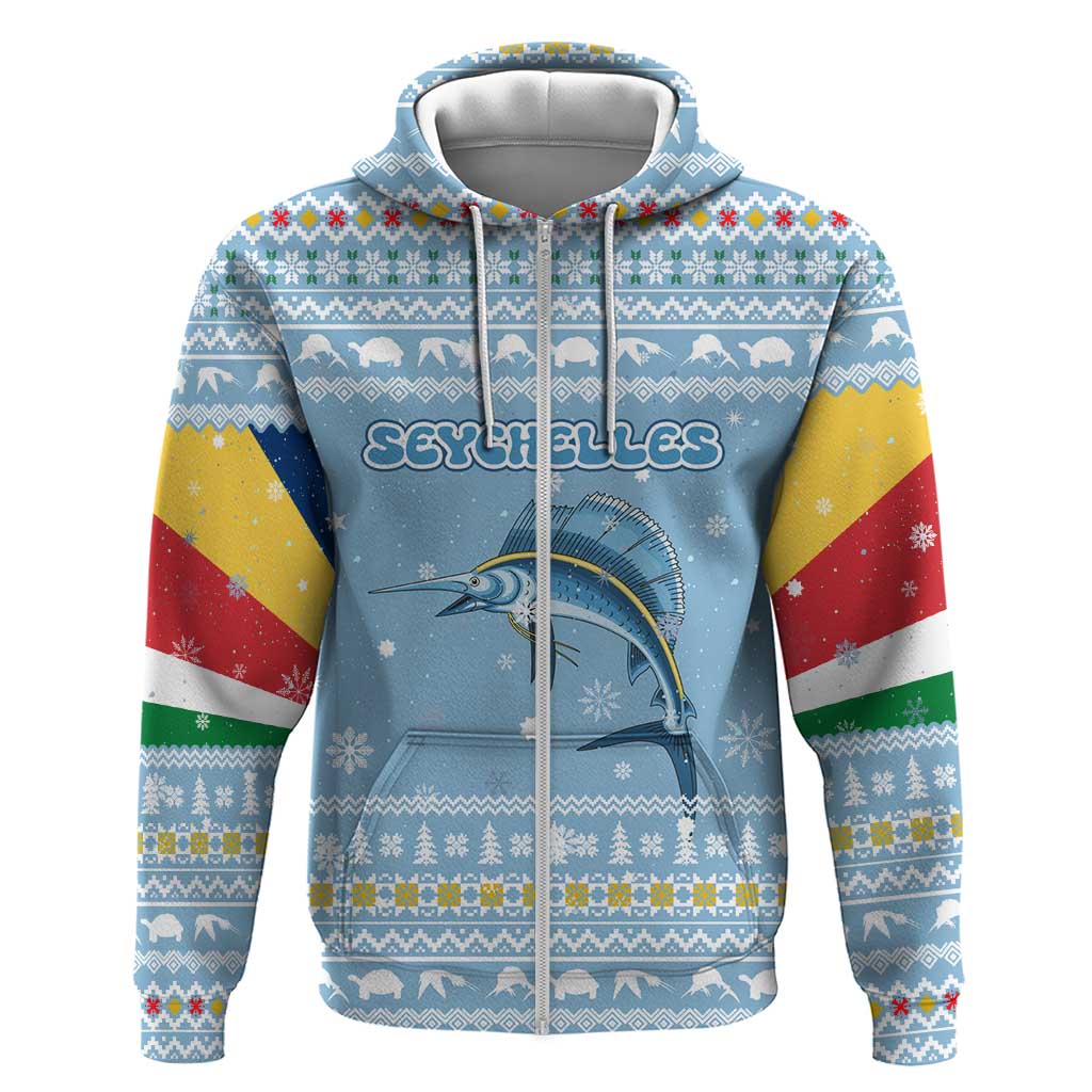 Seychelles Christmas Zip Hoodie with Ocean Blue Pattern, Marlin Fish Artwork, and Surfing Santa Motif - Wonder Print Shop