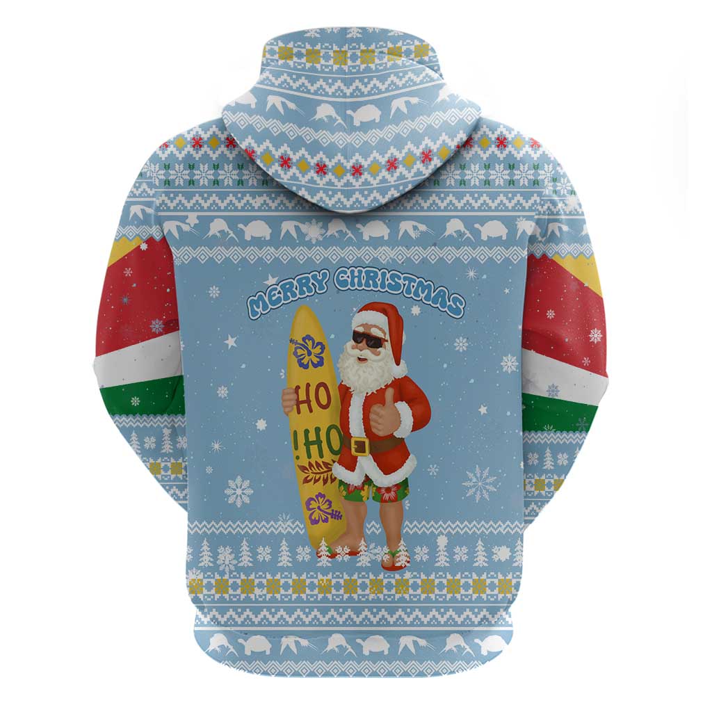 Seychelles Christmas Zip Hoodie with Ocean Blue Pattern, Marlin Fish Artwork, and Surfing Santa Motif - Wonder Print Shop