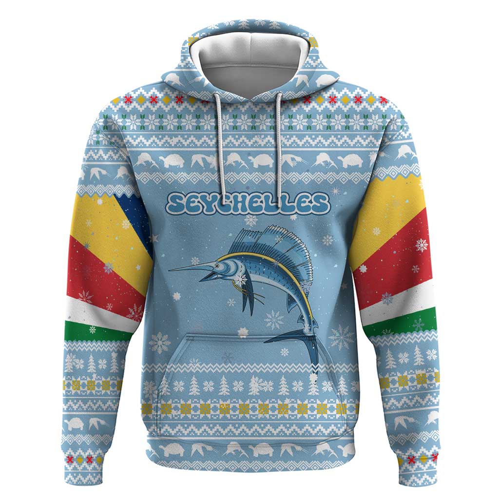 Seychelles Christmas Zip Hoodie with Ocean Blue Pattern, Marlin Fish Artwork, and Surfing Santa Motif - Wonder Print Shop