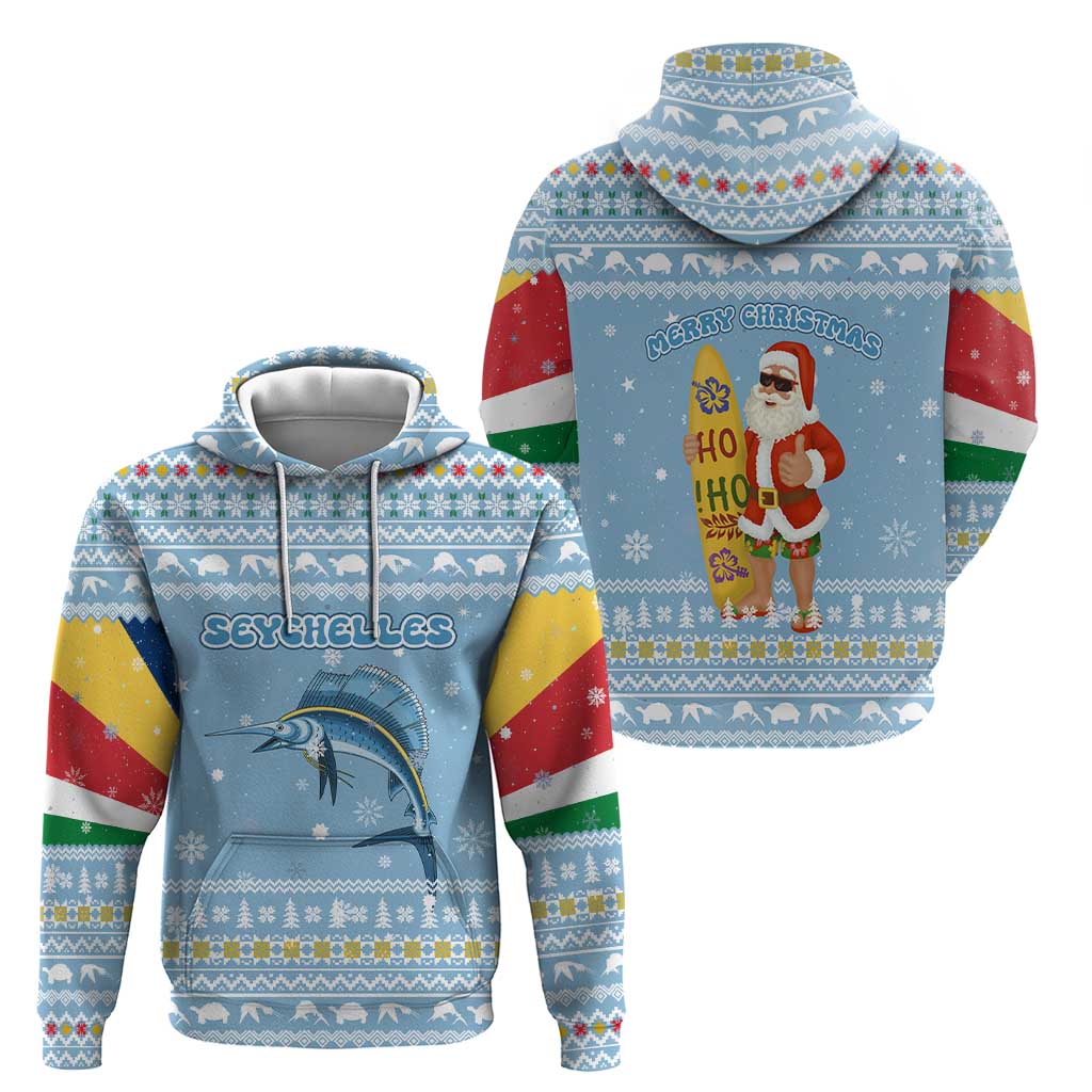 Seychelles Christmas Zip Hoodie with Ocean Blue Pattern, Marlin Fish Artwork, and Surfing Santa Motif - Wonder Print Shop