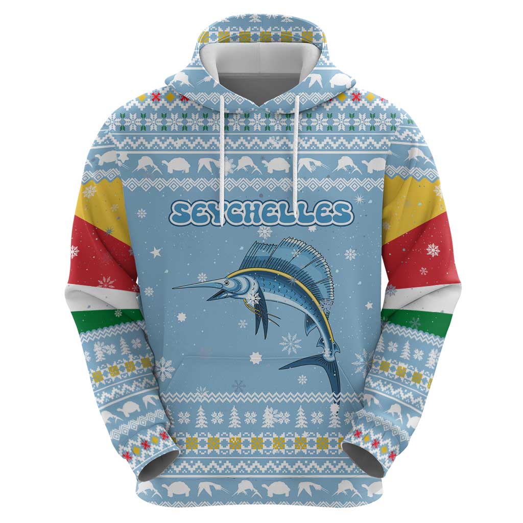Seychelles Christmas Zip Hoodie with Ocean Blue Pattern, Marlin Fish Artwork, and Surfing Santa Motif - Wonder Print Shop