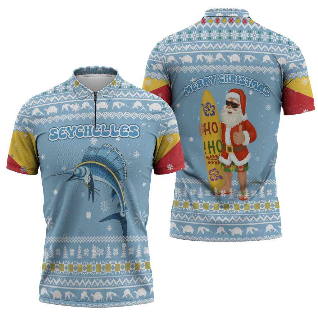 Seychelles Christmas Zipper Polo Shirt with Ocean Blue Pattern, Marlin Fish Artwork, and Surfing Santa Motif - Wonder Print Shop