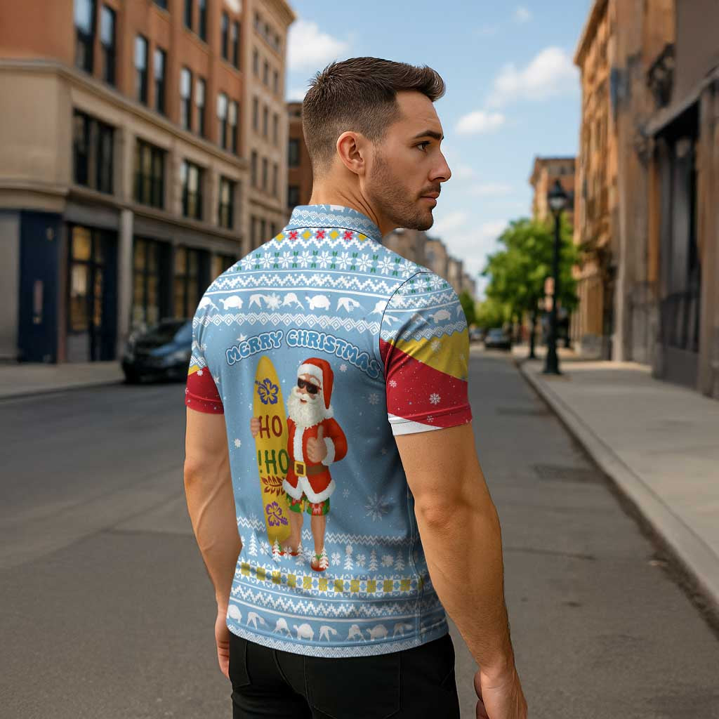 Seychelles Christmas Zipper Polo Shirt with Ocean Blue Pattern, Marlin Fish Artwork, and Surfing Santa Motif - Wonder Print Shop