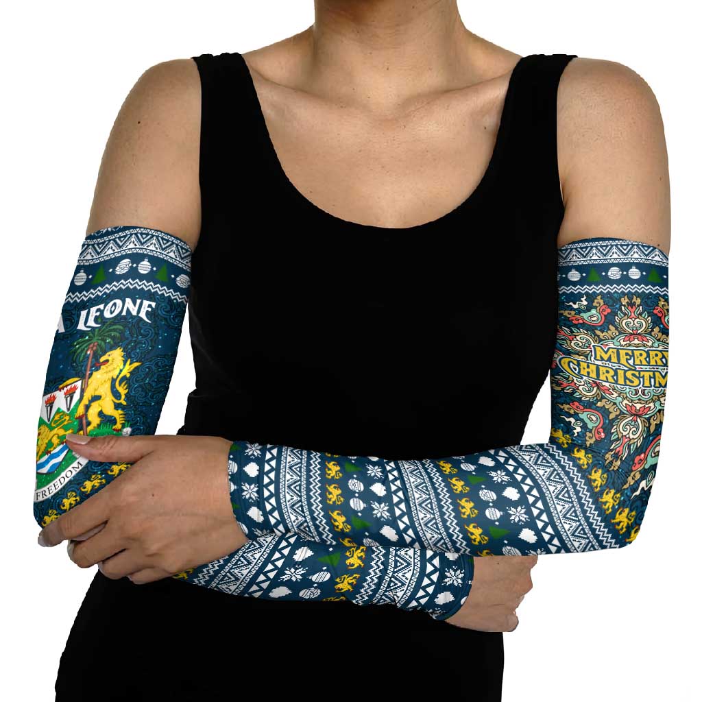 Sierra Leone Christmas Arm Sleeves with Ornamental Pattern, National Coat of Arms, and Festive Motif - Wonder Print Shop