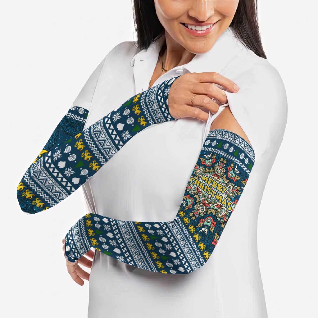 Sierra Leone Christmas Arm Sleeves with Ornamental Pattern, National Coat of Arms, and Festive Motif - Wonder Print Shop
