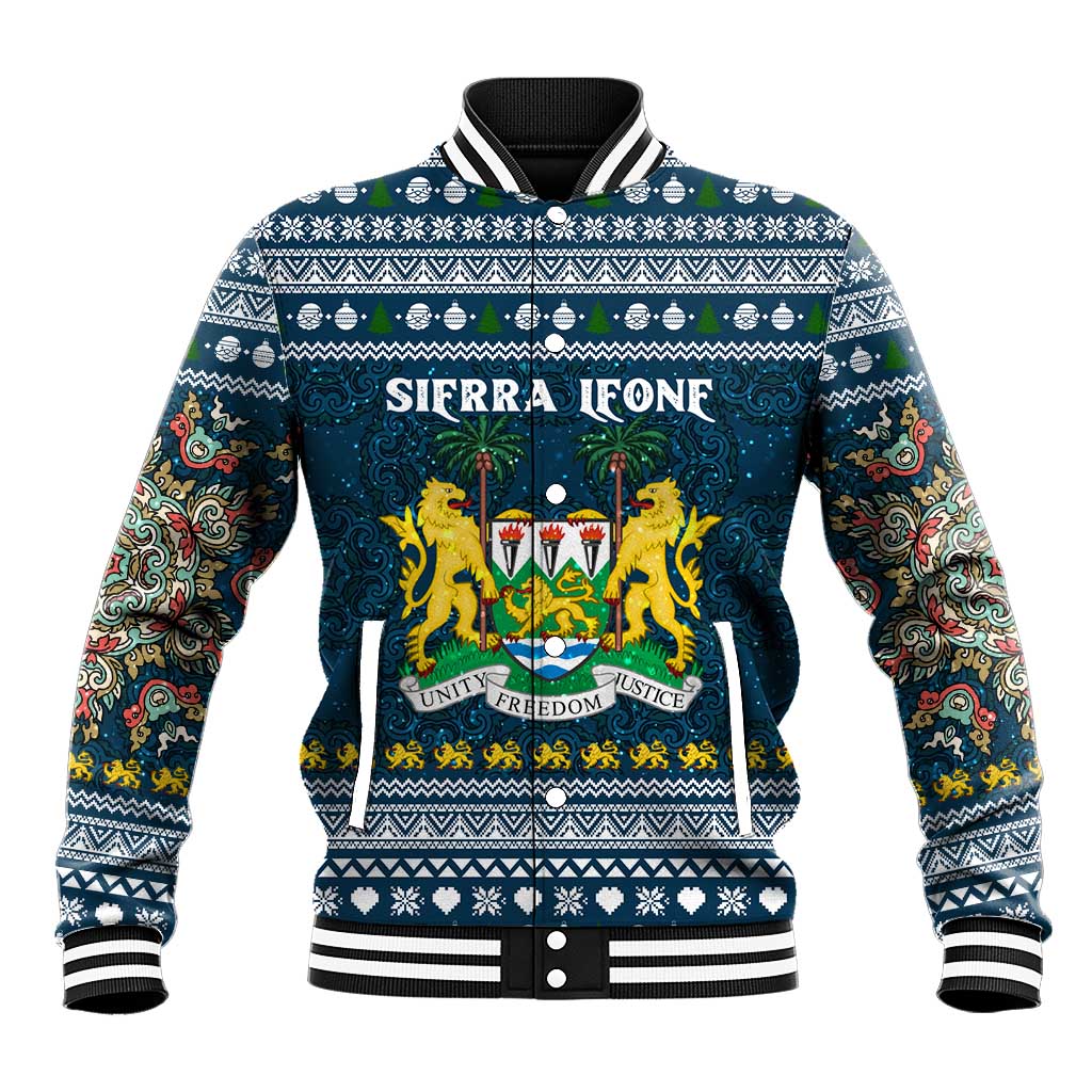 Sierra Leone Christmas Baseball Jacket with Ornamental Pattern, National Coat of Arms, and Festive Motif - Wonder Print Shop