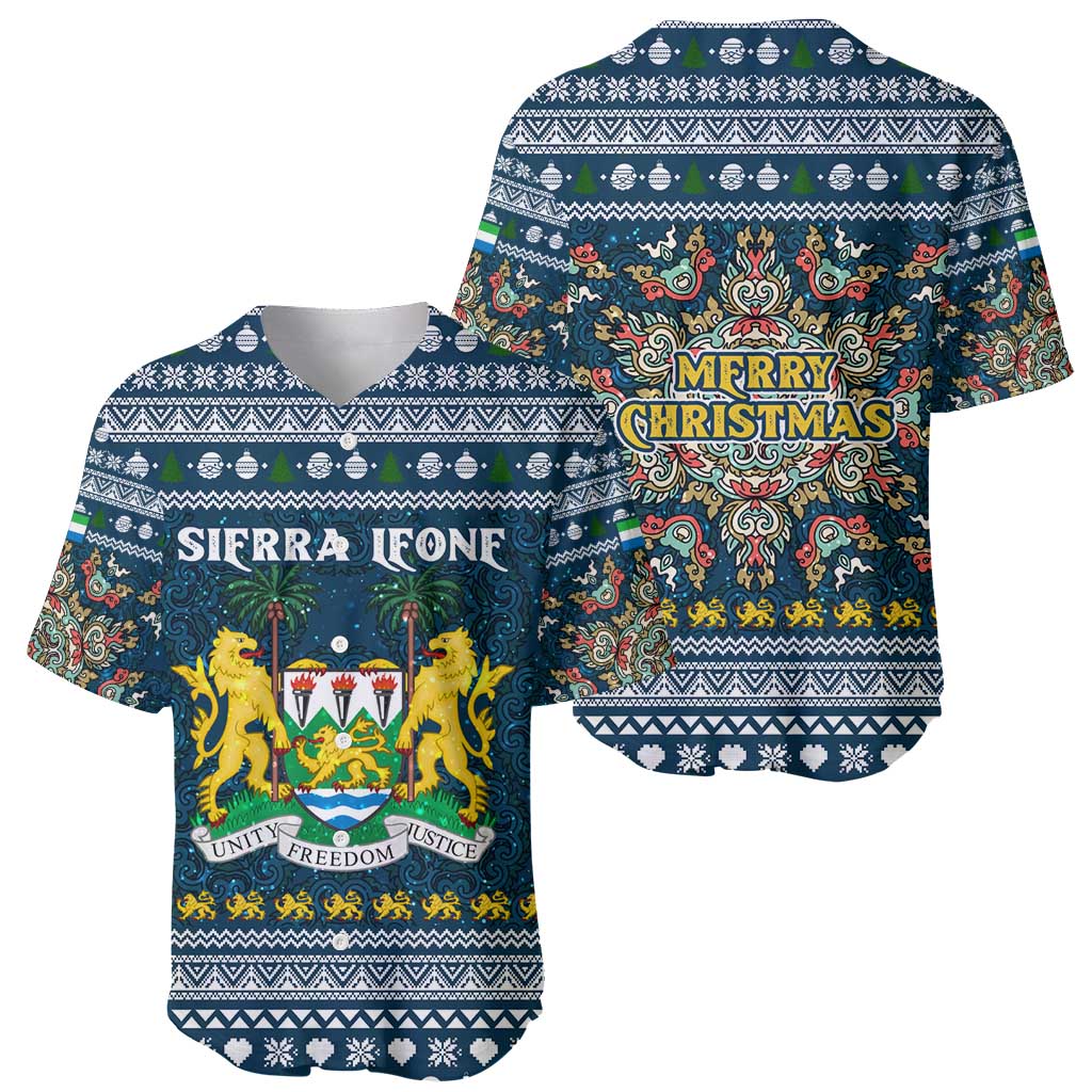 Sierra Leone Christmas Baseball Jersey with Ornamental Pattern, National Coat of Arms, and Festive Motif - Wonder Print Shop