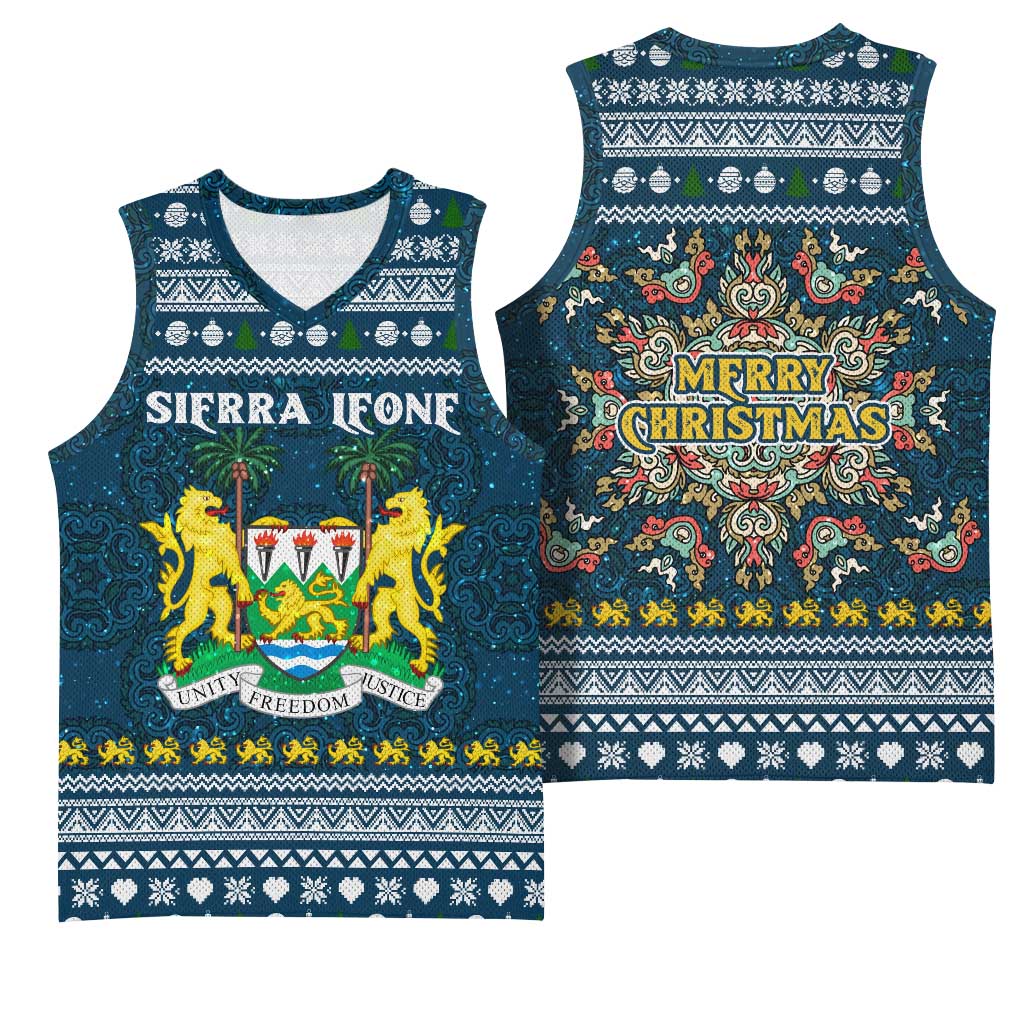 Sierra Leone Christmas Basketball Jersey with Ornamental Pattern, National Coat of Arms, and Festive Motif - Wonder Print Shop