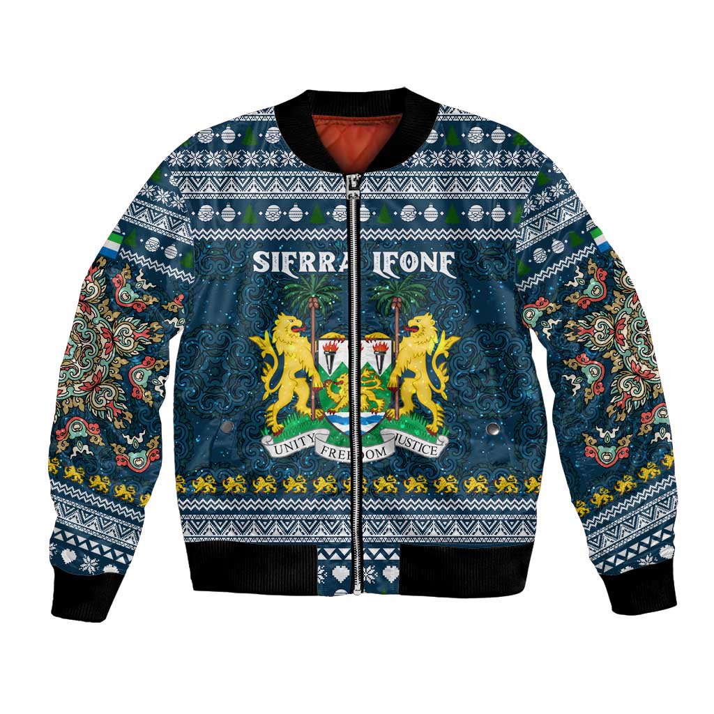 Sierra Leone Christmas Bomber Jacket with Ornamental Pattern, National Coat of Arms, and Festive Motif - Wonder Print Shop