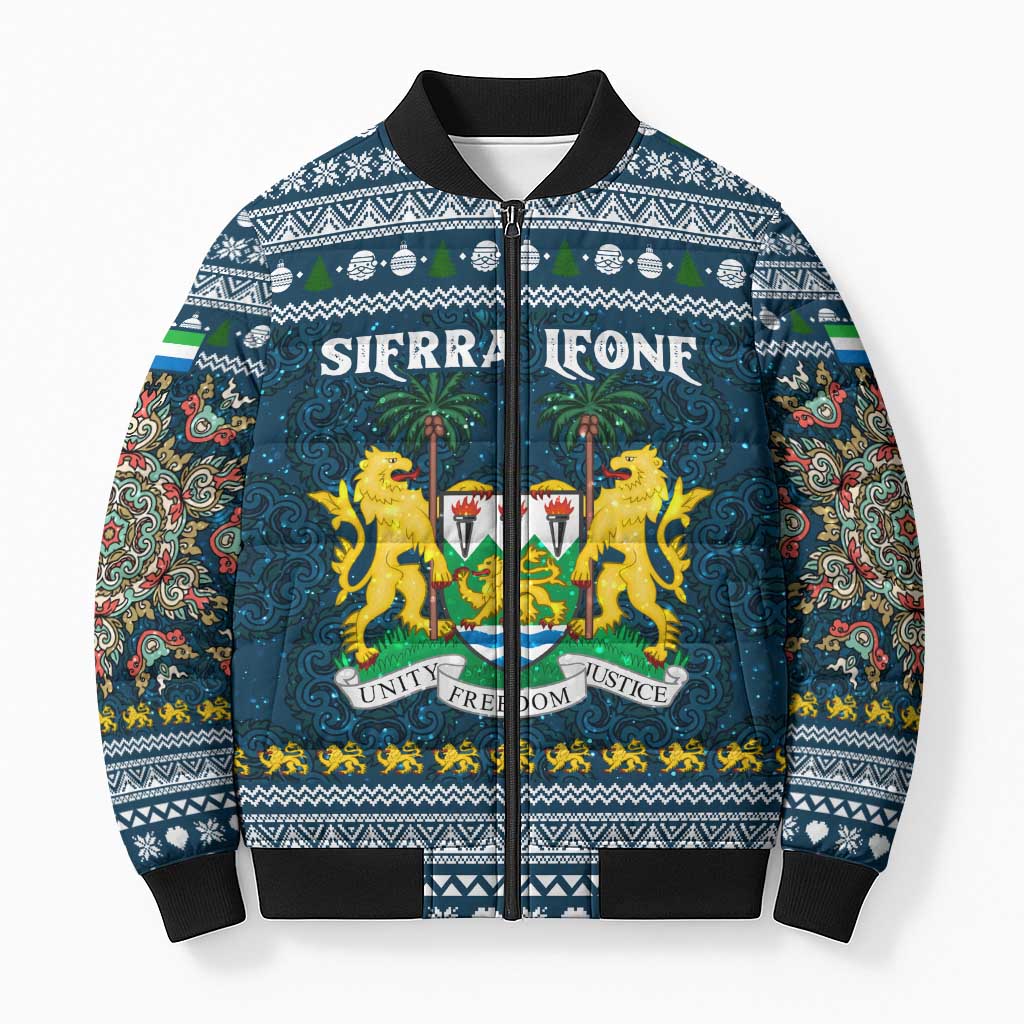 Sierra Leone Christmas Bomber Puffer Jacket with Ornamental Pattern, National Coat of Arms, and Festive Motif - Wonder Print Shop