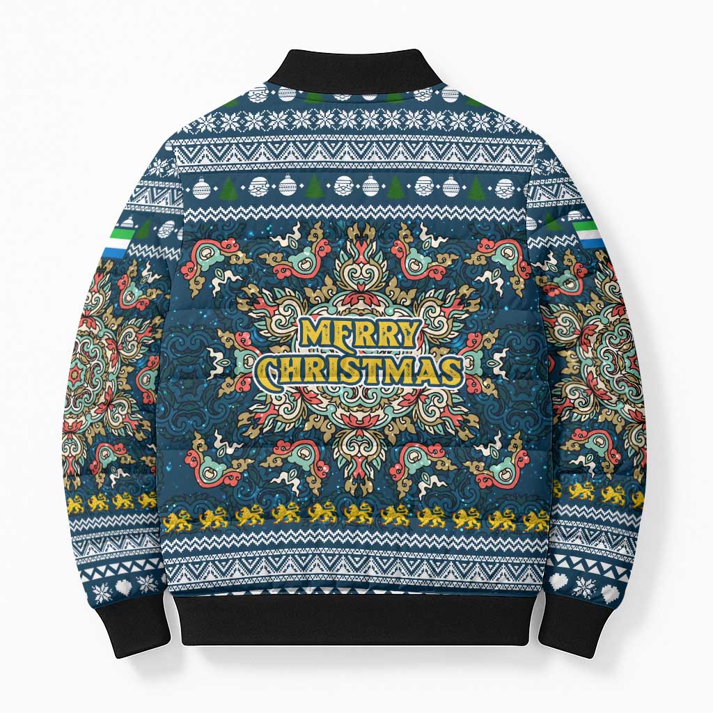 Sierra Leone Christmas Bomber Puffer Jacket with Ornamental Pattern, National Coat of Arms, and Festive Motif - Wonder Print Shop