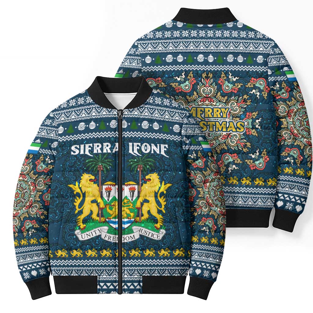 Sierra Leone Christmas Bomber Puffer Jacket with Ornamental Pattern, National Coat of Arms, and Festive Motif - Wonder Print Shop