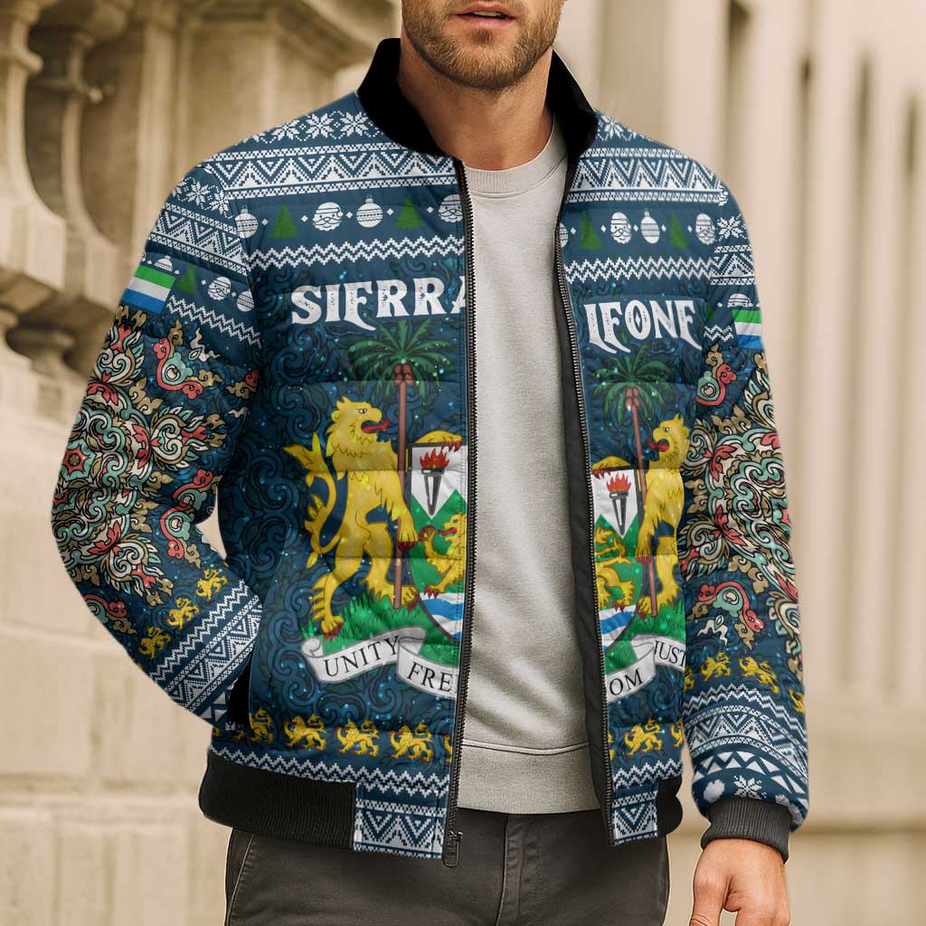 Sierra Leone Christmas Bomber Puffer Jacket with Ornamental Pattern, National Coat of Arms, and Festive Motif - Wonder Print Shop