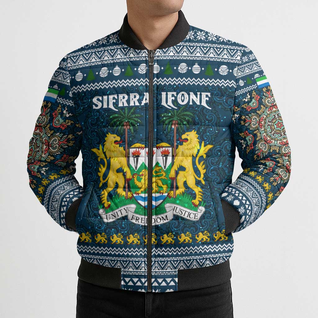 Sierra Leone Christmas Bomber Puffer Jacket with Ornamental Pattern, National Coat of Arms, and Festive Motif - Wonder Print Shop