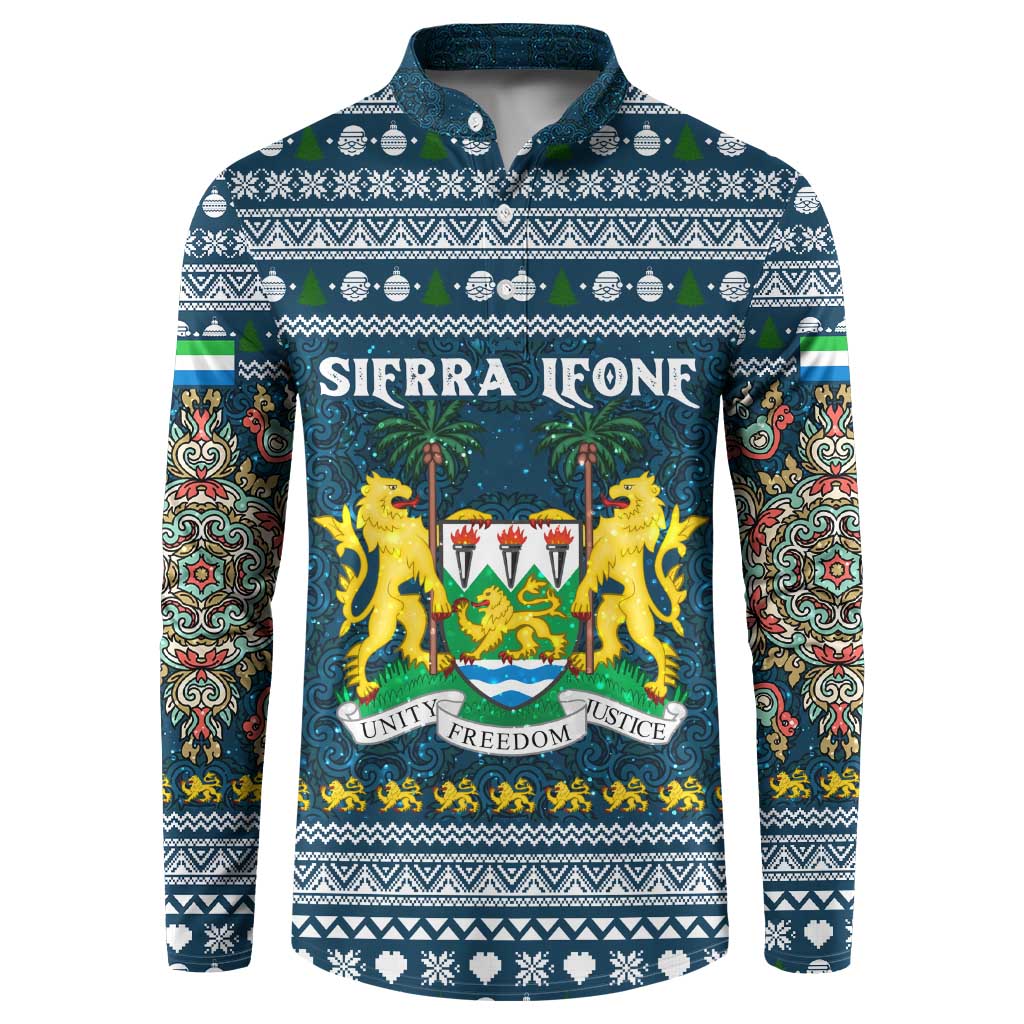 Sierra Leone Christmas Button Sweatshirt with Ornamental Pattern, National Coat of Arms, and Festive Motif - Wonder Print Shop