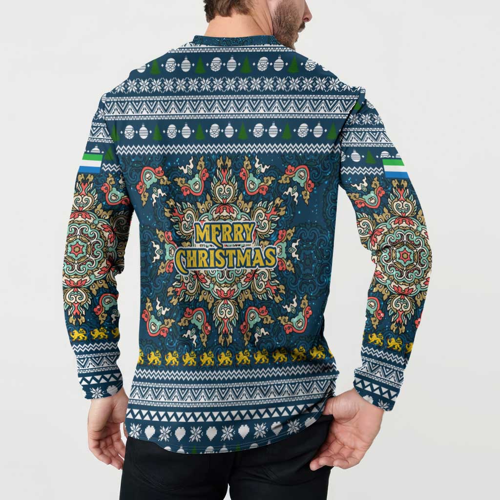 Sierra Leone Christmas Button Sweatshirt with Ornamental Pattern, National Coat of Arms, and Festive Motif - Wonder Print Shop