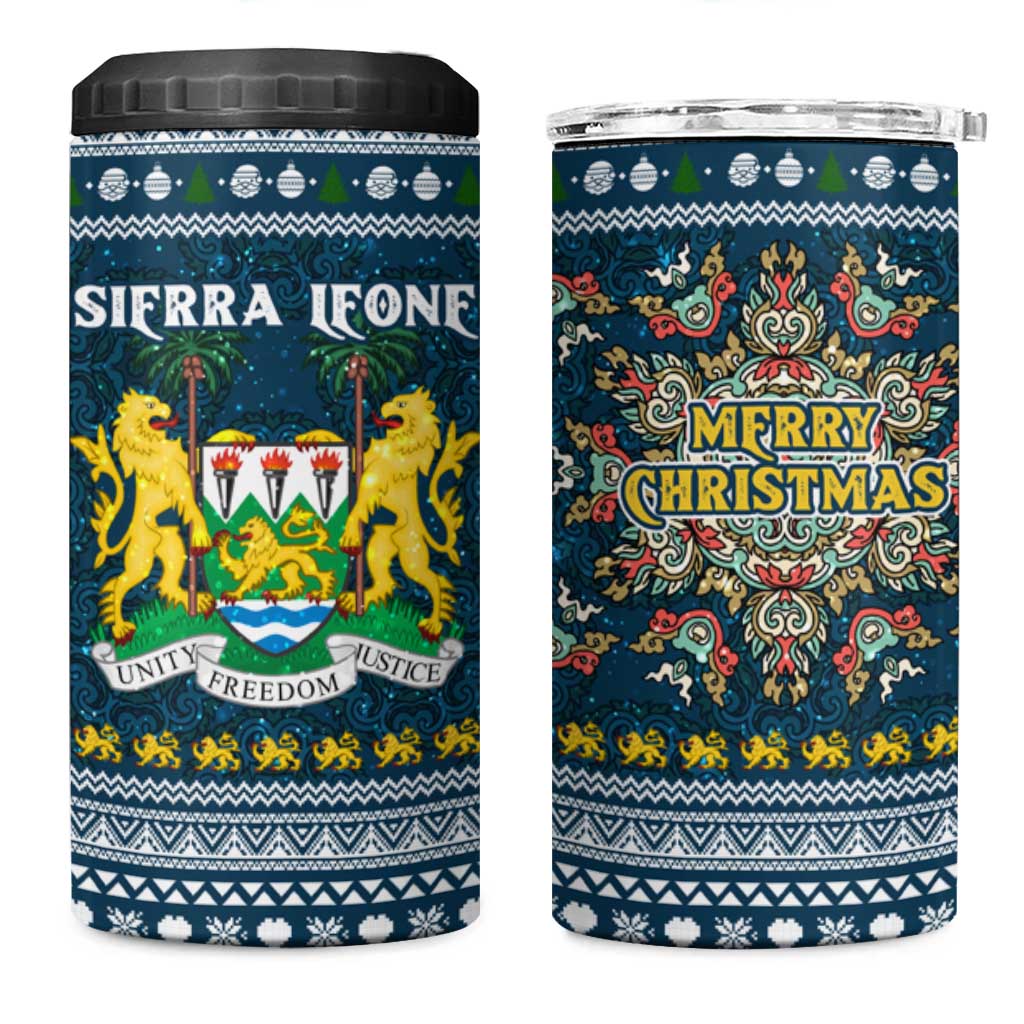 Sierra Leone Christmas 4 in 1 Can Cooler Tumbler with Ornamental Pattern, National Coat of Arms, and Festive Motif - Wonder Print Shop