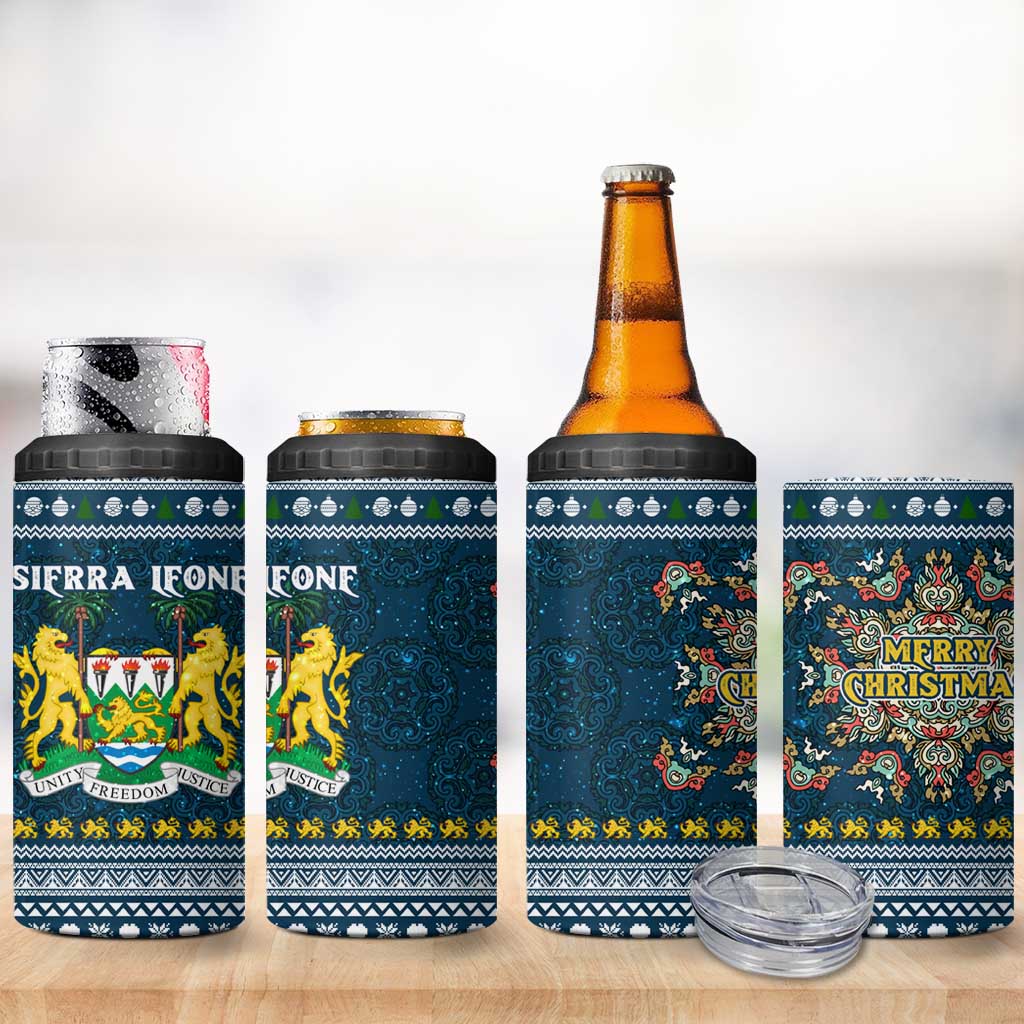 Sierra Leone Christmas 4 in 1 Can Cooler Tumbler with Ornamental Pattern, National Coat of Arms, and Festive Motif - Wonder Print Shop