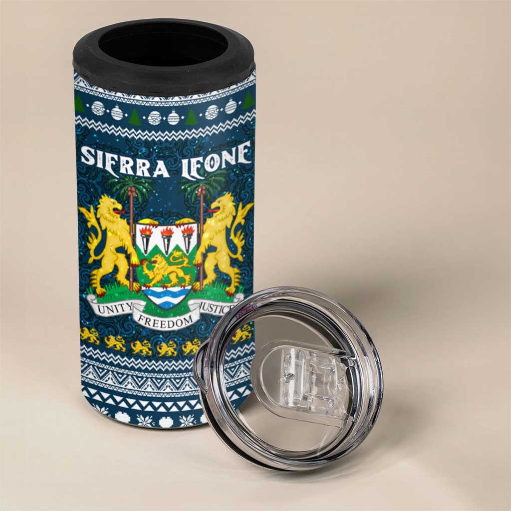 Sierra Leone Christmas 4 in 1 Can Cooler Tumbler with Ornamental Pattern, National Coat of Arms, and Festive Motif - Wonder Print Shop