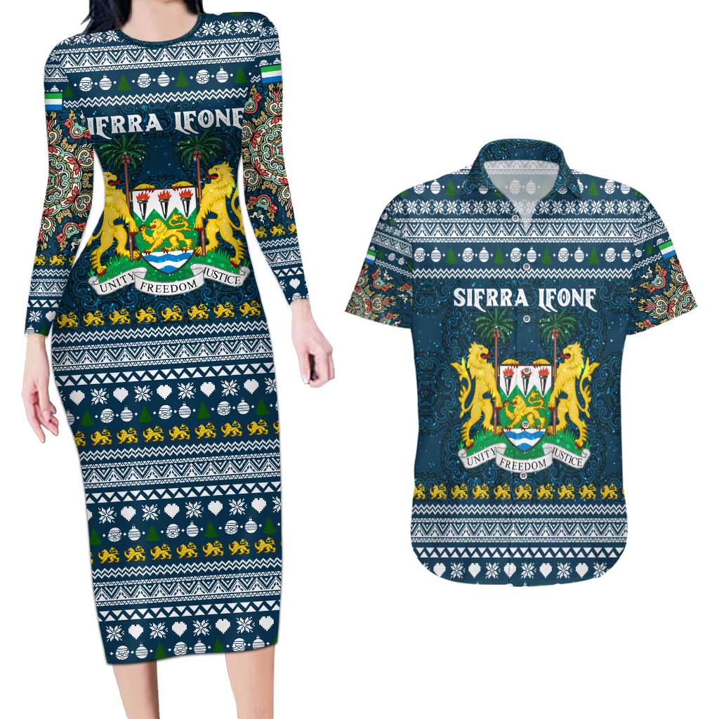 Sierra Leone Christmas Couples Matching Long Sleeve Bodycon Dress and Hawaiian Shirt with Ornamental Pattern, National Coat of Arms, and Festive Motif - Wonder Print Shop
