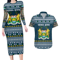 Sierra Leone Christmas Couples Matching Long Sleeve Bodycon Dress and Hawaiian Shirt with Ornamental Pattern, National Coat of Arms, and Festive Motif - Wonder Print Shop