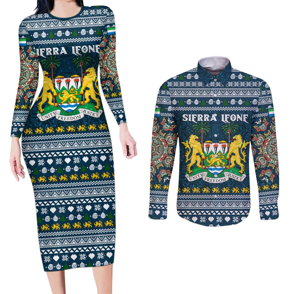 Sierra Leone Christmas Couples Matching Long Sleeve Bodycon Dress and Long Sleeve Button Shirt with Ornamental Pattern, National Coat of Arms, and Festive Motif - Wonder Print Shop