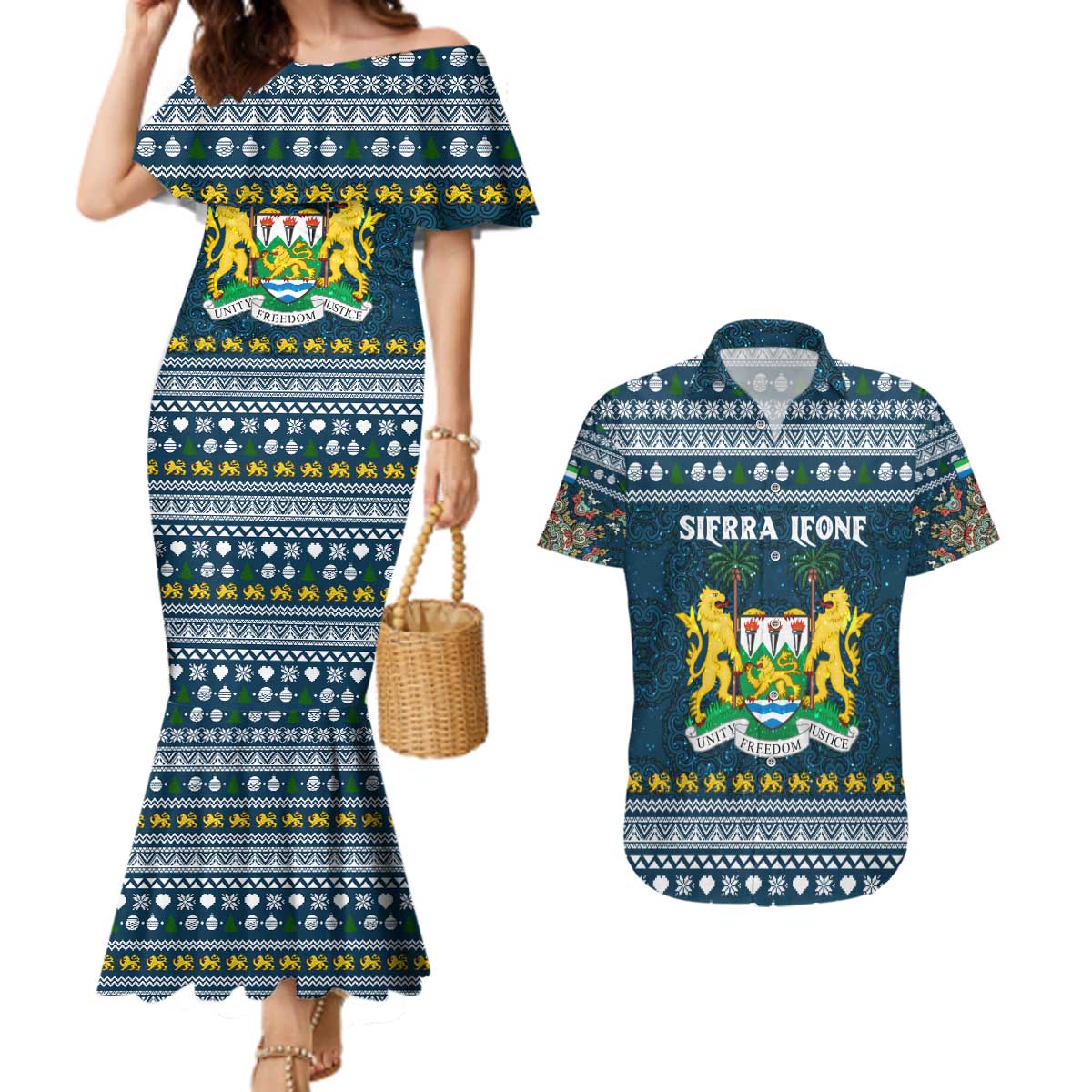 Sierra Leone Christmas Couples Matching Mermaid Dress and Hawaiian Shirt with Ornamental Pattern, National Coat of Arms, and Festive Motif - Wonder Print Shop