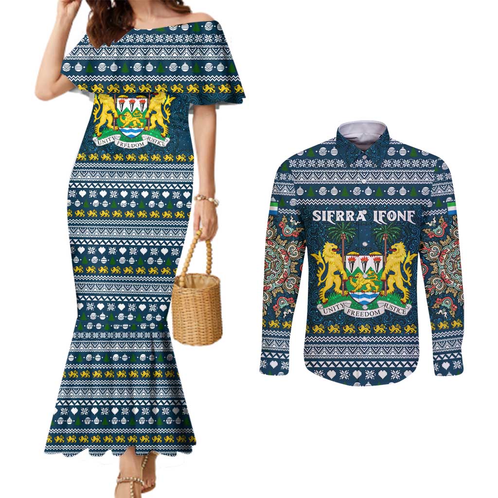 Sierra Leone Christmas Couples Matching Mermaid Dress and Long Sleeve Button Shirt with Ornamental Pattern, National Coat of Arms, and Festive Motif - Wonder Print Shop